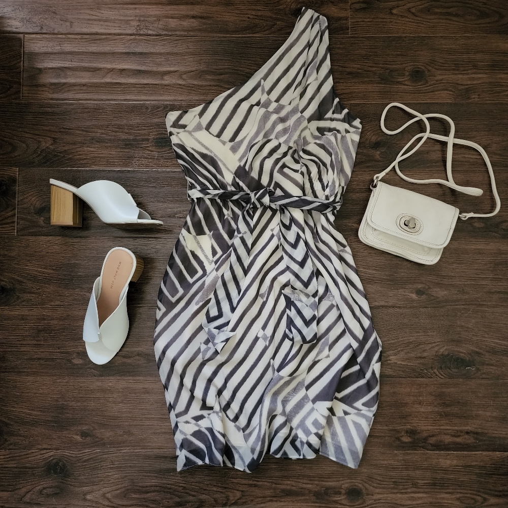 Silk Theory Asymmetrical Geometric Print Dress with Tie Belt